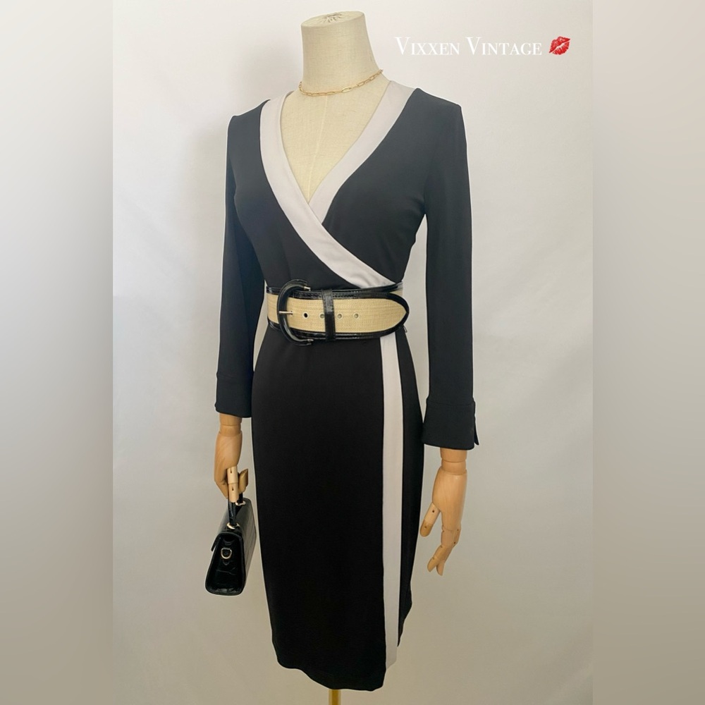 CALVIN KLEIN WHITE TRIM V-NECK 3/4-SLEEVE FAUX WRAP DRESS IN BLACK